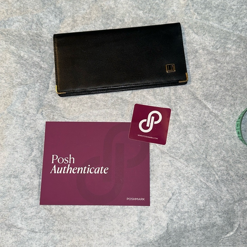 Dunhill black wallet / checkbook holder with gold details and card slots